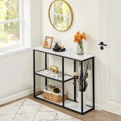 Immagine prodotto di Tavolino consolle da 80x30x80 cm con 3 ripiani, tavolino stretto per l'ingresso, effetto marmo bianco, stile industriale