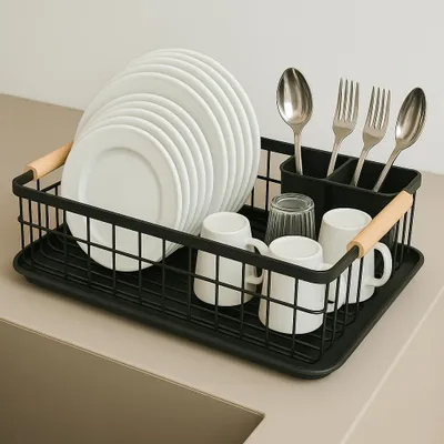 Klappbarer Geschirrständer Metall schwarz 36,5x30,5x22 cm mit Besteckkorb
