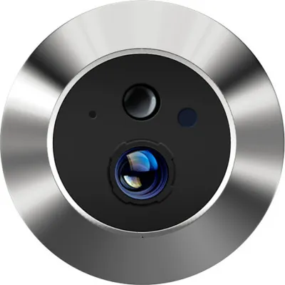 A close-up, front-facing view of a digital peephole with a silver metallic bezel and a black central unit containing a lens, a button, and indicator lights.