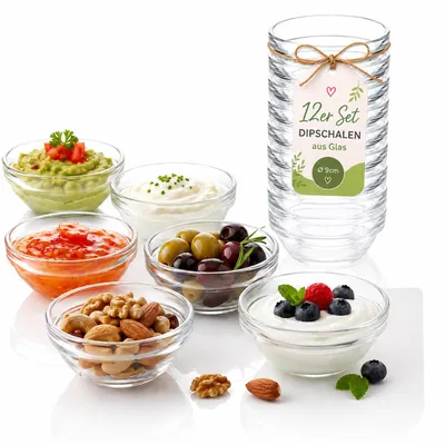 Produktbild von 12er Set Dipschalen aus Glas Ø 9 cm – Kleine Schälchen für Saucen, Dips, Snacks, Eis & Dessert – Mini Servierschalen, Dessertschalen & Snackschalen, KI-generiertes Bild