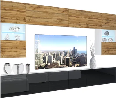 Produktbild von BELINI Wohnwand Vollausstattung Wohnzimmer-Set Moderne Schrankwand mit LED-Beleuchtung Weiß Glänzend Anbauwand TV-Schrank Eiche Wotan / Schwarz Glänzend/Matt