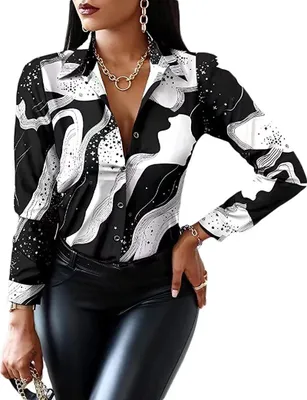 Produktbild von ASKSA Damen Bluse V-Ausschnitt Drucken Patchwork Hemd Elegant Button Tunika Langarm, Schwarz Druck, M