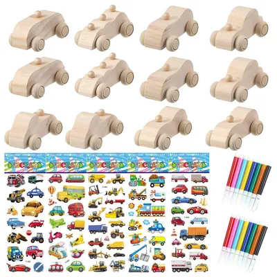 Produktbild von Holz DIY Autos Bastelset 12 Stück mit Aufklebern und Farbstiften