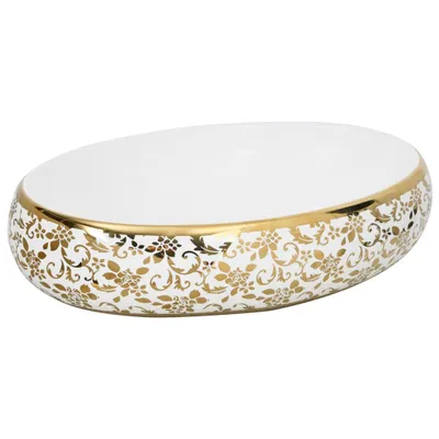 Zdjęcie produktu dla vidaXL Umywalka nablatowa biało-złota owalna 59x40x15 cm ceramiczna