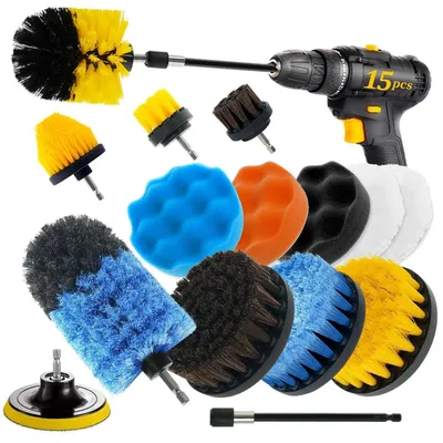 Produktbild von Bürstenaufsatz Akkuschrauber Set 15-teilig mit harten & weichen Borsten, Rosshaarbürste, Schwämmen & Polierpads für Bad, Küche, Auto