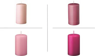 Produktbild von Stumpenkerzen Farbsystem C in der Größe 120/60 mm (H x D), 16 Stück (je 4 Kerzen in der Farbe tauperose - rosa - fuchsia - antique pink)