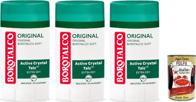 Produktbild von Borotalco Deo Original - Deo Stick - 48 Stunden Wirksamkeit - Formel mit Active Crystal Talc für dreifachen Schutz gegen Schweiß - 0% Alkohol Deodorant, 3x 40ml + Italian Gourmet polpa 400g