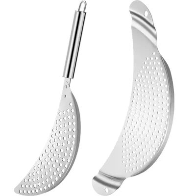 Two metal strainers with curved perforated surfaces and handles against a white background.