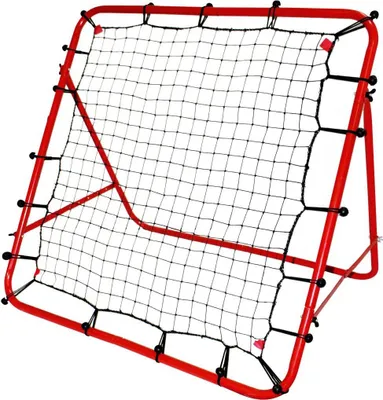 A red rebounder training device with a black net.