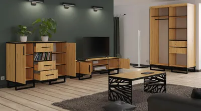 Productafbeelding van Woonwand, dressoir, kast, tafel, woonkamer set (4-delig), vitrinekast, dressoir