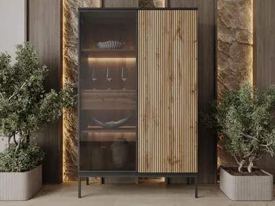 Produktbild von GrainGold Vitrinenschrank Deo - Vitrine mit Tür - Vitrine mit LED-Beleuchtung, Highboard Schrank, Vitrine mit Glas - Vitrine Holz - Vitrine Graphit, Eiche Wotan