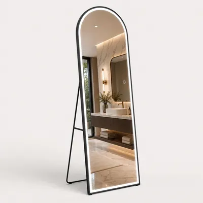 Productafbeelding van Relaxdays Lichaamsspiegel met verlichting, 160 x 50 cm, gebogen vorm, 2-in-1: vrijstaande spiegel en wandspiegel, metaal, zwart