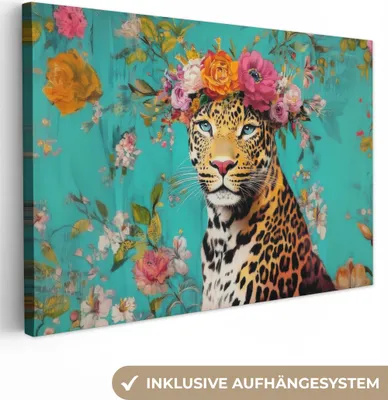 Produktbild von Leinwand Bilder 90x60 cm - Eklektisch - Leopard - Blumen, Bild Modern, Wanddeko, Gemälde