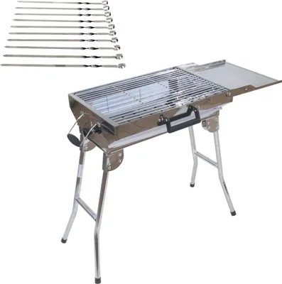 A portable charcoal grill with a set of skewers, shown on a white background.