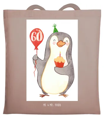 Produktbild von Mr. & Mrs. Panda Tote Bag 60. Geburtstag Pinguin Luftballon - Braun Pastell - Geschenk, Happy Birthday, Schultasche, Tasche, Stoffbeutel, Kuchen, Jutebeutel, Uni