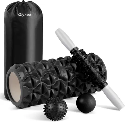 Produktbild von 4 in 1 Muskelmassagerolle aus Schaumstoff mit 1 Schaumstoffrolle, 1 Massagestab und 2 Massagebälle zur Entspannung der Muskulatur - Farbe schwarz