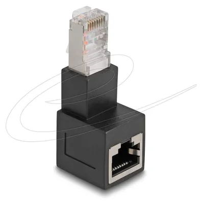 Produktbild von DeLOCK RJ45 Stecker zu RJ45 Buchse Adapter Cat.6A 90° nach unten gewinkelt, RJ45, Schwarz, Männlich, Abgewinkelt, Cat6a, Gold