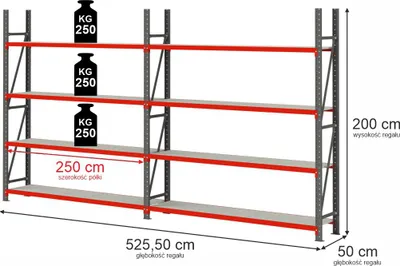 Zdjęcie produktu dla Regał magazynowy metalowy zestaw dwa moduły 8-półkowy Mega-M FORTIS 525,5x50x200cm