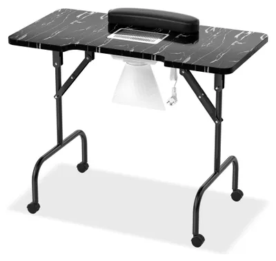 Produktbild von QEENTOE Nageltisch mit Staubabsaugung, Manikürtisch 90 × 40 × 72 cm mit Rollen, Mobiler Nagelarbeitsplatz mit 4 Rädern, Faltbarer Nageltisch für Nagelstudio, Kosmetikstudio und Zuhause, Weiß