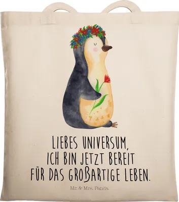 Produktbild von Mr. & Mrs. Panda Tote Bag Pinguin Blumen - Transparent - Geschenk, Tasche, Jutebeutel, Universum, Beutel, Leben, Motivation, Schultasche, Positiv, Einkaufstüte