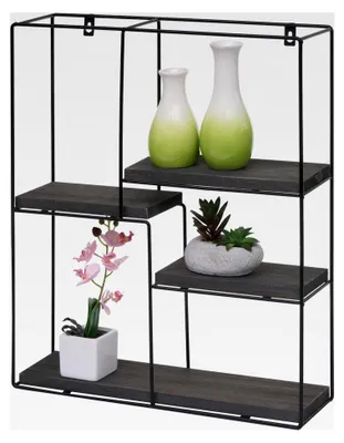 Produktbild von Wandregal HWC-K76, Hängeregal Schweberegal, 4 Regalböden aus Metall und Massivholz, 51x40x11cm - dunkelgrau