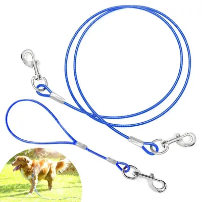 Image de Laisse pour chien Kausichere, câble métallique, 1,5 m + 0,5 m, poignée rembourrée, couleur bleue