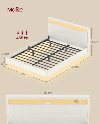 A diagram showing the dimensions of a white bed frame with yellow LED lighting.