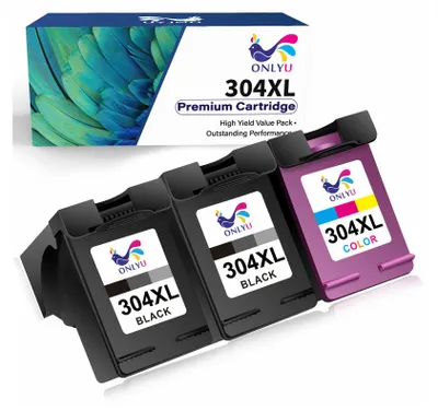 Three printer ink cartridges are displayed in front of a box of printer ink cartridges.