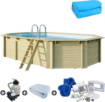 Produktbild von Holzpool SET Achteck Langform Folie blau 6,10 x 4,00 x 1,24 m
