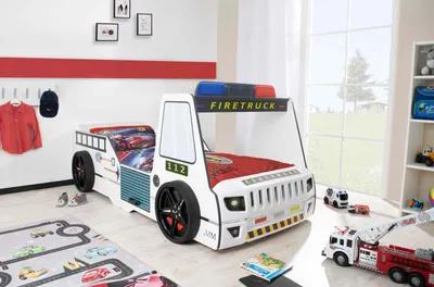 Produktbild von Autobett Kinder 90x200 cm Feuerwehrbett "Rio Firetruck" mit Bettwäsche