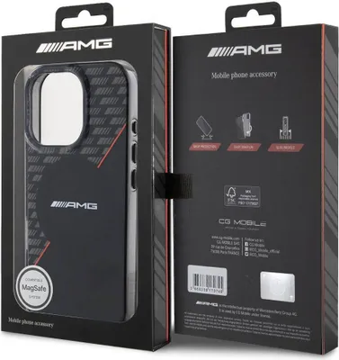 The image shows the front and back packaging of an AMG iPhone 16 Pro back cover case.