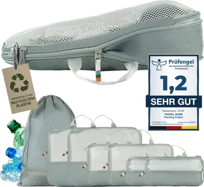 Produktbild von TRAVEL DUDE Packwürfel Set mit Kompression aus recycelten Plastikflaschen | Leichte Packing Cubes | Packtaschen Set (Stahl Blau, 7-teilig)