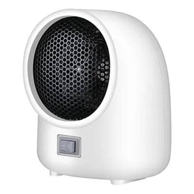 A white mini heater with a black grill and a grey switch is shown against a white background.