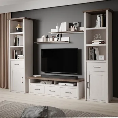 Produktbild von Wohnzimmer Set im Landhausstil LUND-78 in Pinie weiß Nb./Trüffel Eiche Nb., B/H/T: ca. 298/201/43 cm