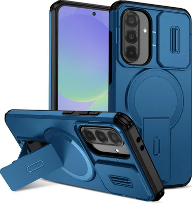 A blue phone case with a kickstand and camera cover is displayed from multiple angles.