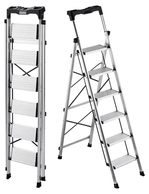Obrázok produktu pre VEVOR 6-stupňový rebrík, skladací rebrík s protišmykovými stupňami a pohodlnou rukoväťou, nosnosť 150 kg, hliníkový bezpečnostný rebrík do kuchyne, skladu, domácnosti a kancelárie, strieborný