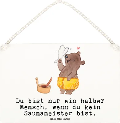 Produktbild von Mr. & Mrs. Panda Schild Saunameister Herz DIN A6 - Weiß - Geschenk, Türschild, wandtafel, Deko, Wandschild, holzbild