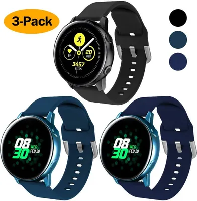 Produktbild von Silikon Armband Kompatibel mit Samsung Galaxy Watch 2 20mm Armband/Active 20mm Armband/Active 2 Armband/Galaxy Watch 20 mm Armband, weiche Silikon Sport Bügel Frauen Männer für Galaxy Watch,  Schwarz, Navy, Rock Blue, L