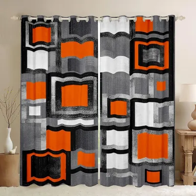 Verdunkelungsvorhänge Geometrie 66x90 cm, 2er-Set, Orange/Grau/Schwarz