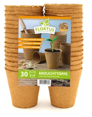 Produktbild von 8 cm Anzuchttopf rund auf Holzfaser Basis | Anzuchttöpfe von FLORTUS, Menge (Stück):30 Stück