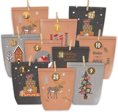 Immagine prodotto di Calendario dell'Avvento da riempire: 24 sacchetti di carta per Natale, da riempire personalmente. Sacchetti di carta per l'Avvento con adesivi numerati, ideali per creare il proprio calendario personalizzato
