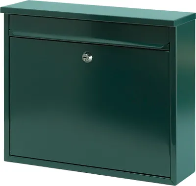 Produktbild von Wandbriefkasten Granadan aus Stahl mit Einwurfsklappe | HxBxT 31,5x36x11cm | Einwurföffnung 32x4cm | Grün