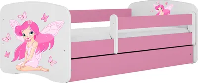 Produktbild von Kinderbett Rosa 70x140 80x160 80x180 cm – mit Matratze, Rausfallschutz und Schublade – Jugendbett für Mädchen – Stabil und Sicher – Fee und Schmetterlinge – 140x70 cm