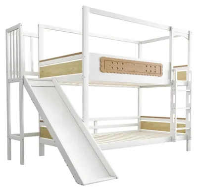 Zdjęcie produktu dla Łóżeczko dziecięce – łóżko piętrowe 90 x 200 cm – rama łóżka w kształcie domku – zjeżdżalnia – wyjątkowo szeroka drabinka zabezpieczająca – schowek – drewno – białe