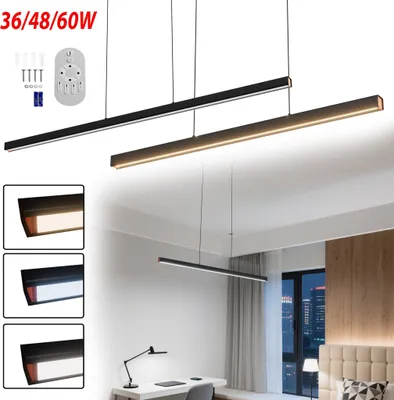 A product image showcasing a modern linear LED pendant light in a room setting, with inset images highlighting different light temperatures and mounting hardware.