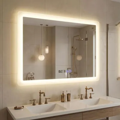 Produktbild von Badspiegel mit Beleuchtung 80x60cm LED Spiegel mit Uhr | Wandspiegel beschlagfrei,Touch-Schalter, 3 Lichtfarben dimmbar, Speicherfunktion, horizontal