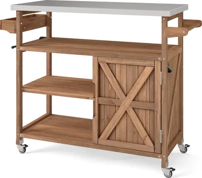 Produktbild von COSTWAY Grillwagen Outdoor, Servierwagen auf Rollen, mit Edelstahl-Arbeitsplatte, Ablagen, Gewürzregal, Schrank&Handtuchhalter, (1 Tür-118x47x92 cm)