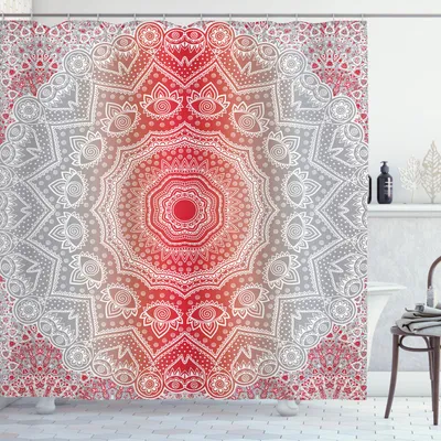 Immagine prodotto di ABAKUHAUS Tenda da doccia grigia e rossa, motivo spirituale ispirato al buddismo e all'induismo, libertà e pace, 175 x 240 cm, grigio e rosso