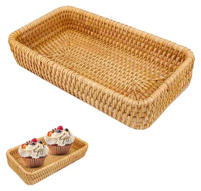 Image de Plateau tressé à la main - Rotin - Petit : 20x11x4 cm - Moyen : 21x21x4 cm - Grand : 37x23x5 cm - Usage décoratif - Panier de rangement
