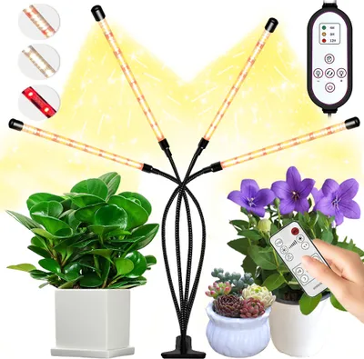 Image de Lampe LED pour plantes à spectre complet IP65 à intensité variable, Clip d'éclairage pour plantes 3Modes,Lampe de croissance Télécommande Timer Plante d'intérieur(4 tubes lumineux)